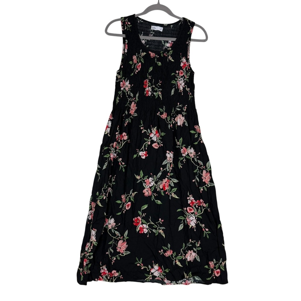 Croft & Barrow Dress Womens XS Black Floral Smocked Sleeveless Maxi Sundress